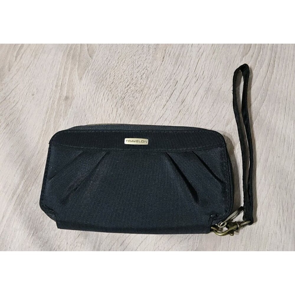 Travelon Black Safe ID RFID Wristlet Wallet Zip Around Travel Clutch